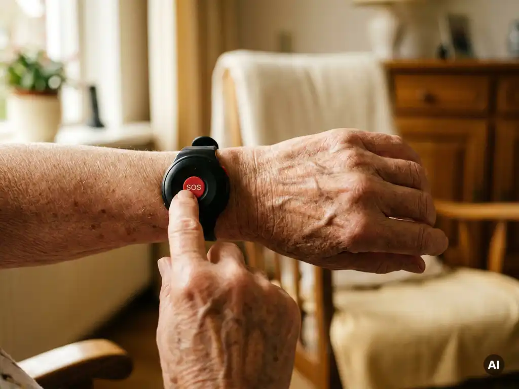 Oudere hand met zichtbare rimpels die op de SOS-knop van een zwart persoonlijk alarmhorloge drukt, warm Nederlands interieur op de achtergrond.