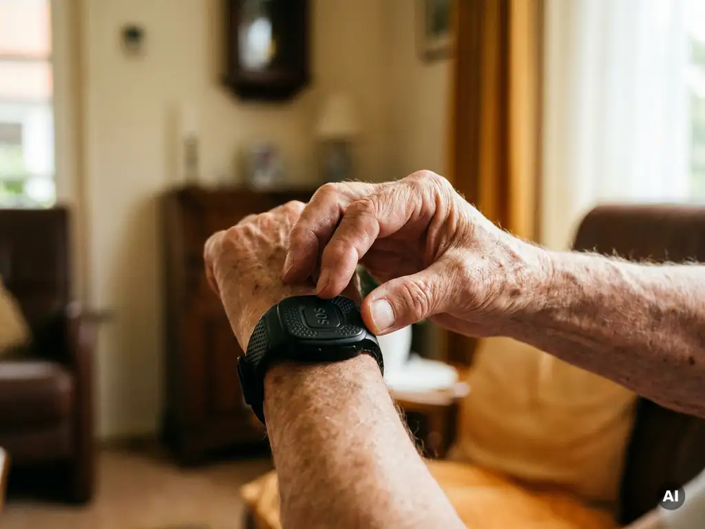 Oudere hand met zichtbare rimpels die op een zwart SOS-alarmhorloge drukt, warm Nederlands interieur op de achtergrond.