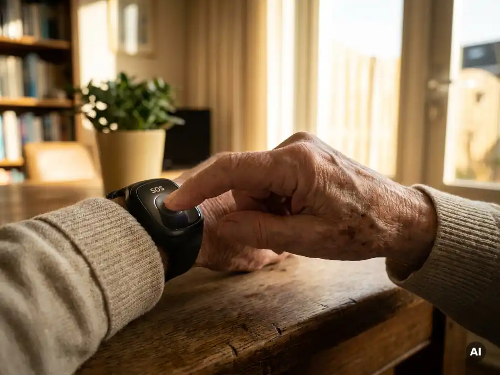 Oudere hand met zichtbare aderen drukt op zwart SOS-alarmhorloge, lichte Nederlandse woonkamer op de achtergrond.