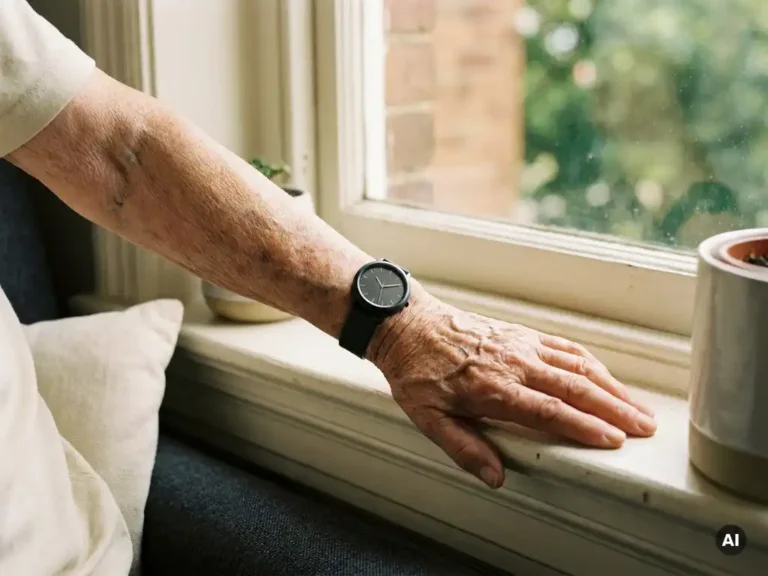 Oudere hand met valdetectie-smartwatch op vensterbank, zachte natuurlijke belichting in Nederlandse woning.