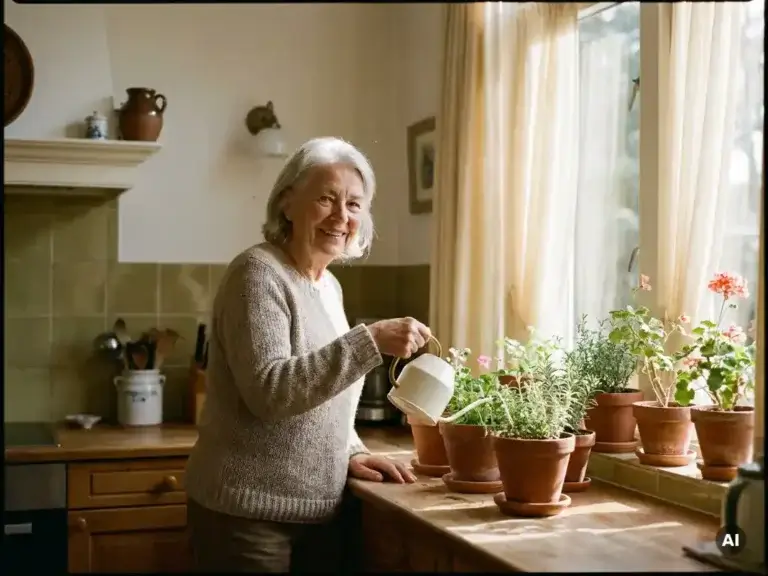 Vrolijke oudere vrouw die potplanten water geeft op een zonnig keukenvensterbank, warm ochtendlicht door sheer gordijnen.