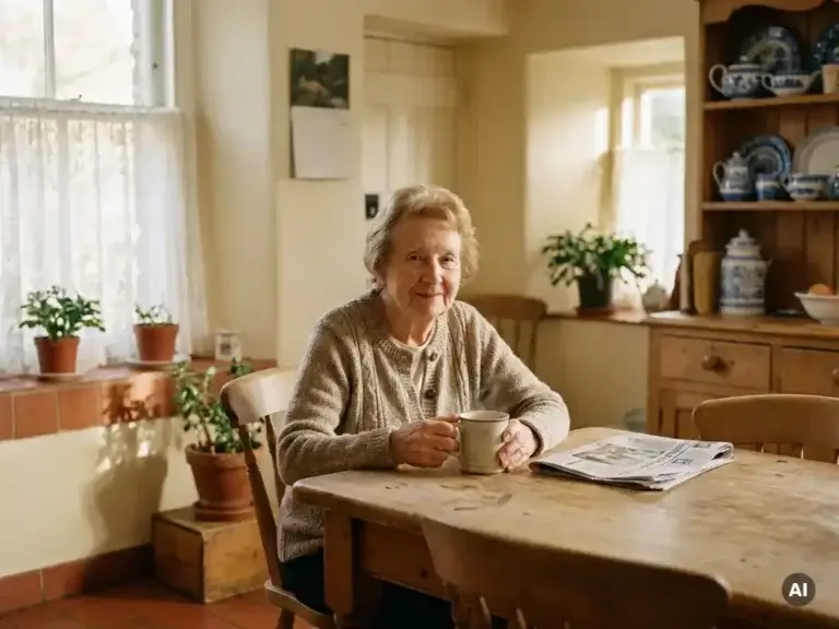 Oudere vrouw met dampende theemok aan zonnige keukentafel, kanten gordijnen en krant op de achtergrond, warme gouden tinten.